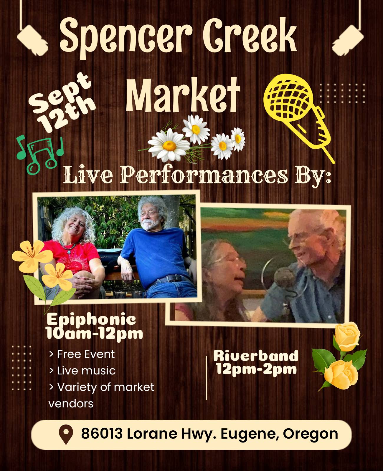 Live music at the Spencer Creek Market on September 5th will feature Epiphonic in the morning followed up by Riverband in the afternoon.